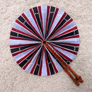 African Print Circle Folding Handheld Fan with Leather Handle - Black / Red / White
