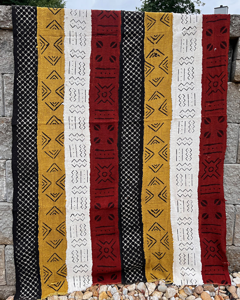 Multi-Colored Strips African Mudcloth Handmade Fabric- Yellow / White/ Rust/ Black