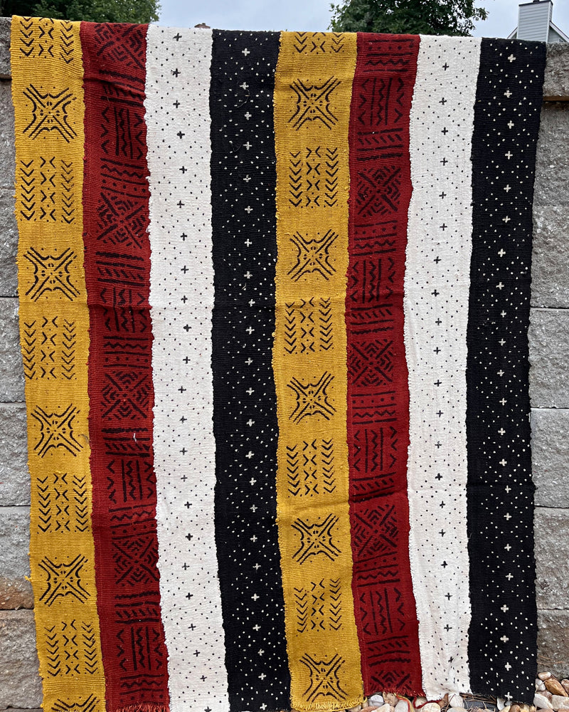 Multi-Colored Strips African Mudcloth Handmade Fabric- Yellow / White/ Rust/ Black