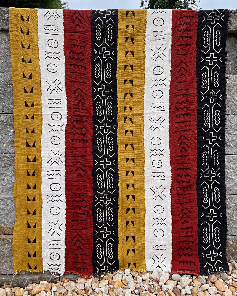 Multi-Colored Strips African Mudcloth Handmade Fabric- Yellow / White/ Rust/ Black