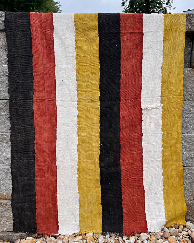 Multi-Colored Strips African Mudcloth Handmade Fabric- Yellow / White/ Rust/ Black