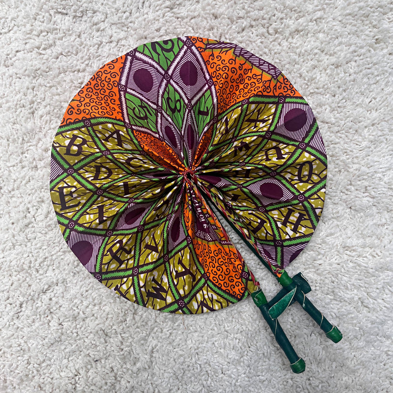African Print Circle Foldable Handheld Fan - Orange / Green - Afrilege
