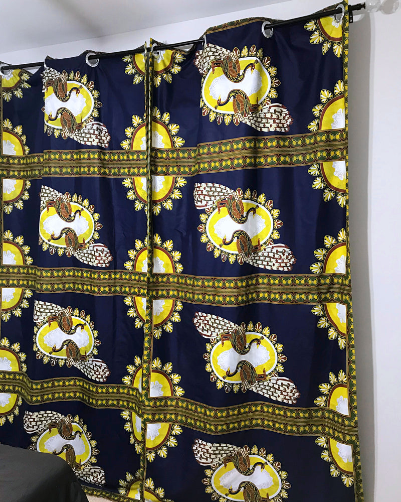 Morowa Double Sided Grommet Top African Print Curtains - Navy Blue / Yellow - Afrilege