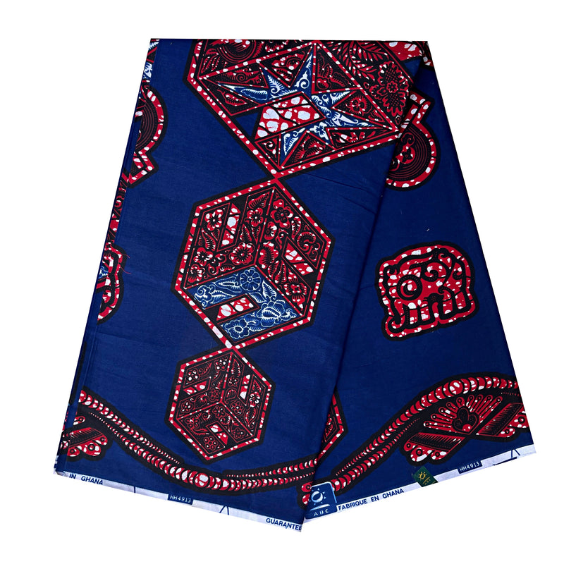 African Wax Print Fabric by The Yard - Blue / Red