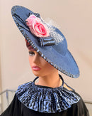 Navy Ndop African Print Wide-Brim Church Hat