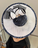 Navy Ndop Fascinator Flat Derby Hat - White / Navy Blue