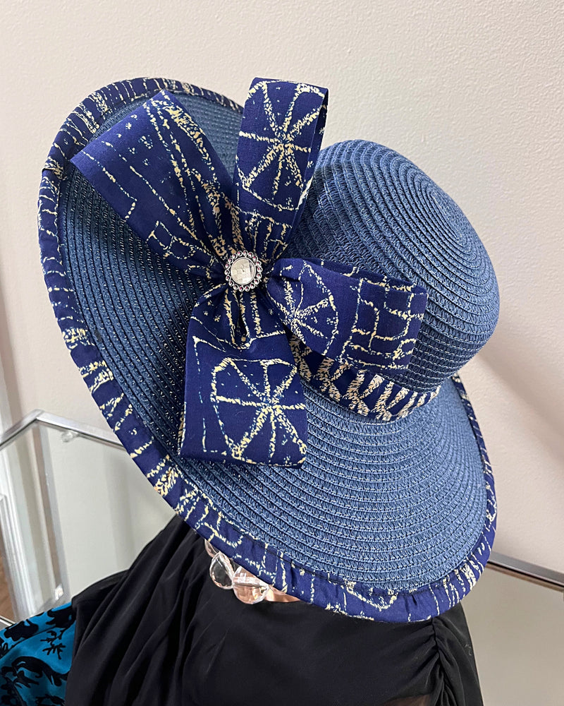 Ndop African Print Straw Church Sun Hat - Blue