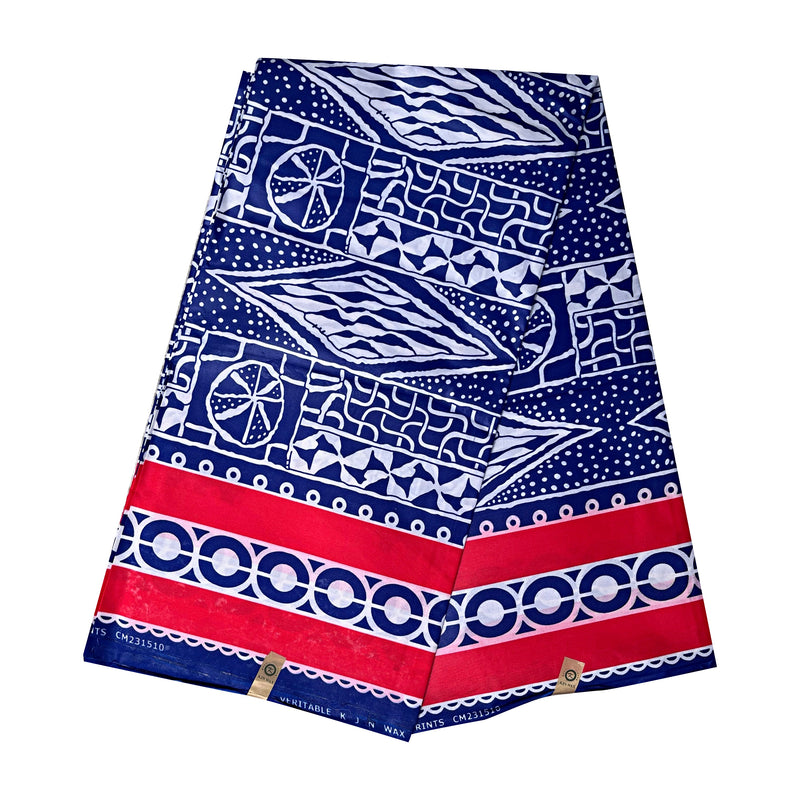 Bamileke Ndop Patterns African Wax Print Fabric (Ankara) - Blue / White / Red