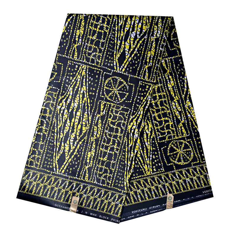 Bamileke Ndop Patterns African Wax Print Fabric (Ankara) - Black / Yellow