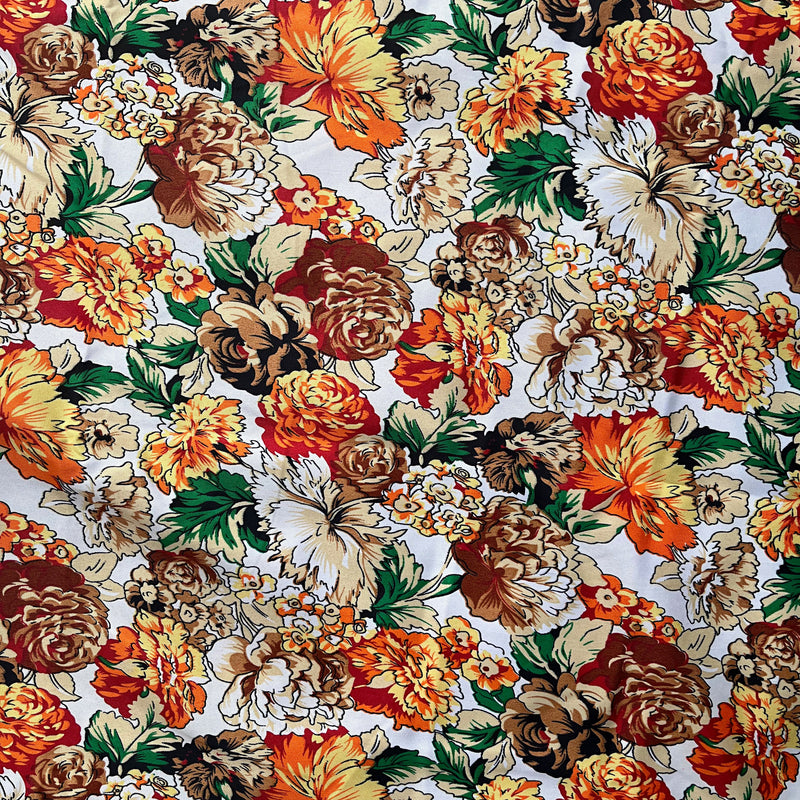 Floral Satin Silk Print Fabric - Orange / Green / Brown