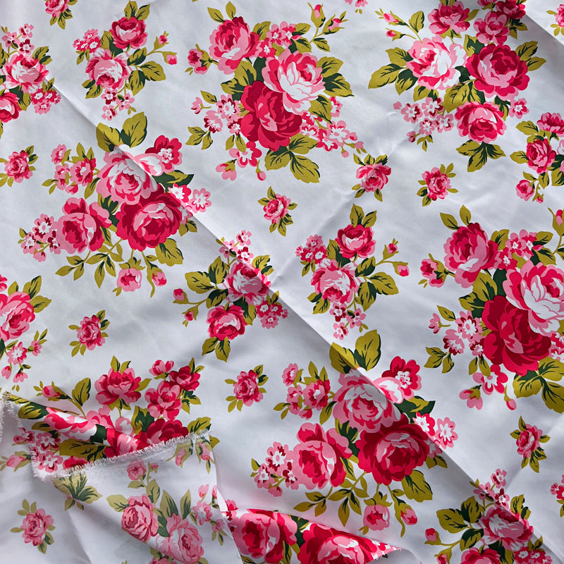 Peony Floral Satin Silk Print Fabric - Pink / White / Green