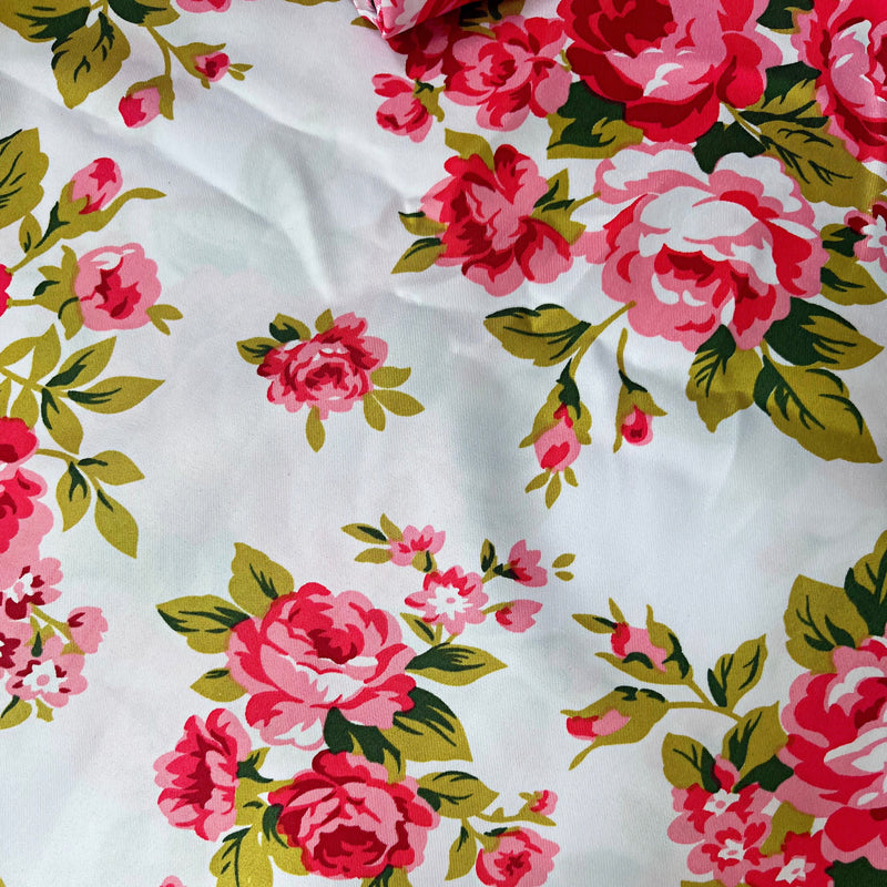 Peony Floral Satin Silk Print Fabric - Pink / White / Green