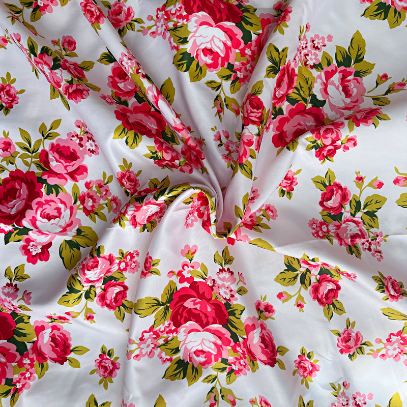 Peony Floral Satin Silk Print Fabric - Pink / White / Green