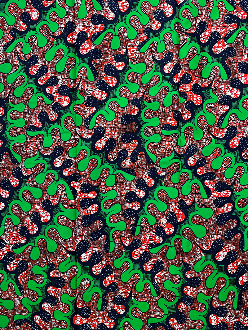 African Wax Print Fabric by The Yard - Green / Red