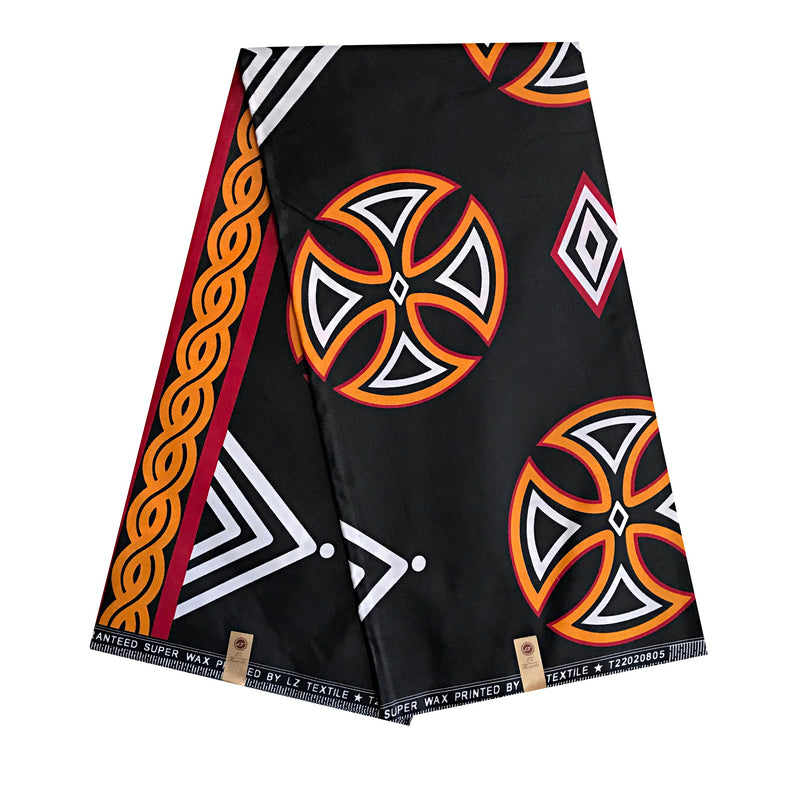 Toghu Bamenda African Wax Print Ankara Fabric - Black / Orange - Afrilege