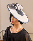 Navy Ndop Fascinator Flat Derby Hat - White / Navy Blue