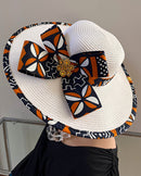 Cowria African Print Straw Church Sun Hat - Off-white/ Brown - Afrilege
