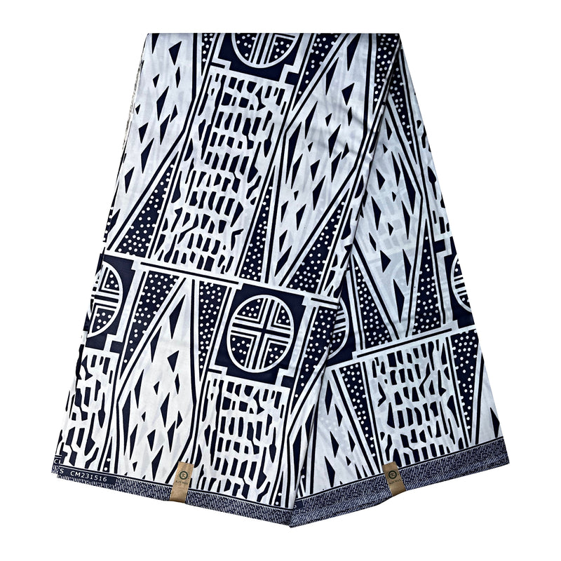 Bamileke Ndop Patterns African Wax Print Fabric (Ankara) - White / Black