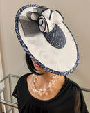 Navy Ndop Fascinator Flat Derby Hat - White / Navy Blue
