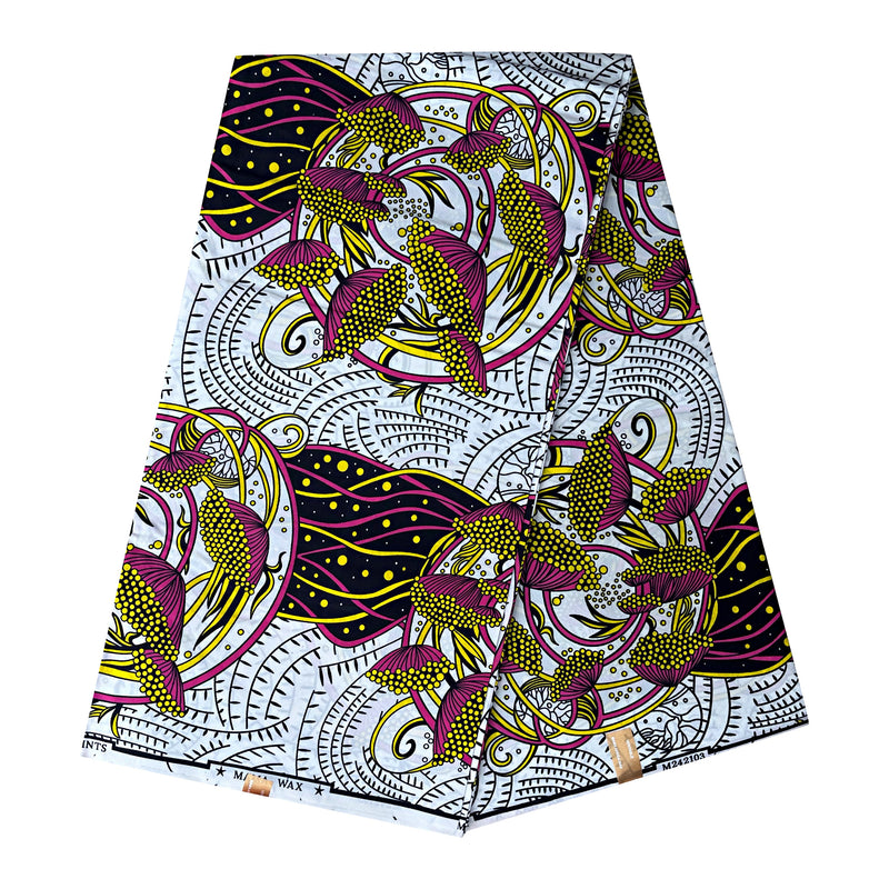 African Wax Print Fabric (Ankara) - White / Yellow / Pink