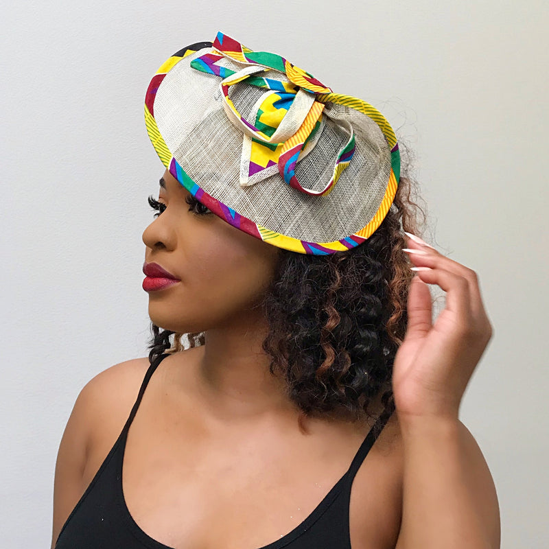 Kente African Print Fascinator hair clip hat - Yellow / Purple - Afrilege