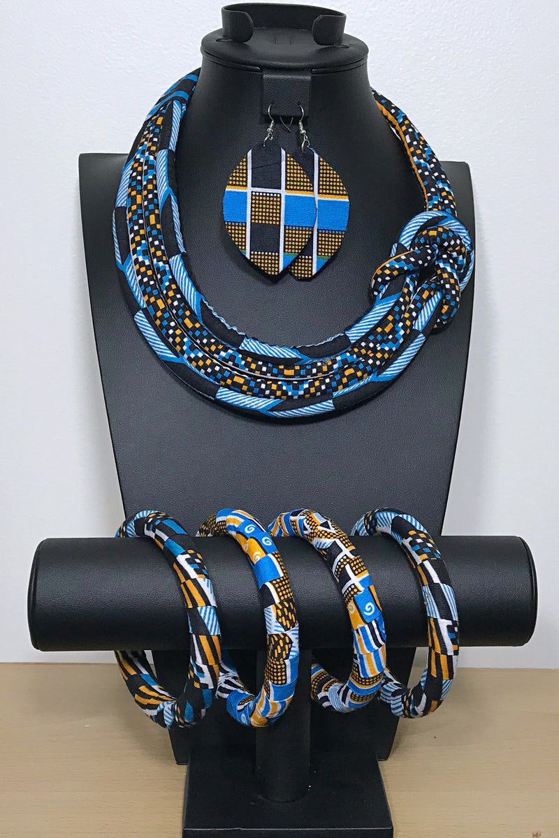 Nasha Bamileke African Print Knot Jewelry Set ( Necklace -Bracelets- earrings) - Afrilege