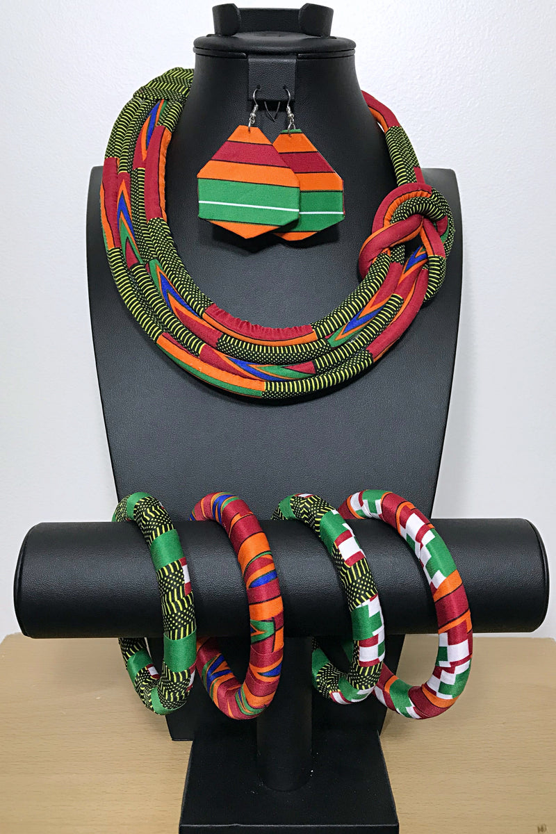 Neela Bamileke African Print Knot Jewelry Set ( Necklace - Bracelets - earrings) - Afrilege