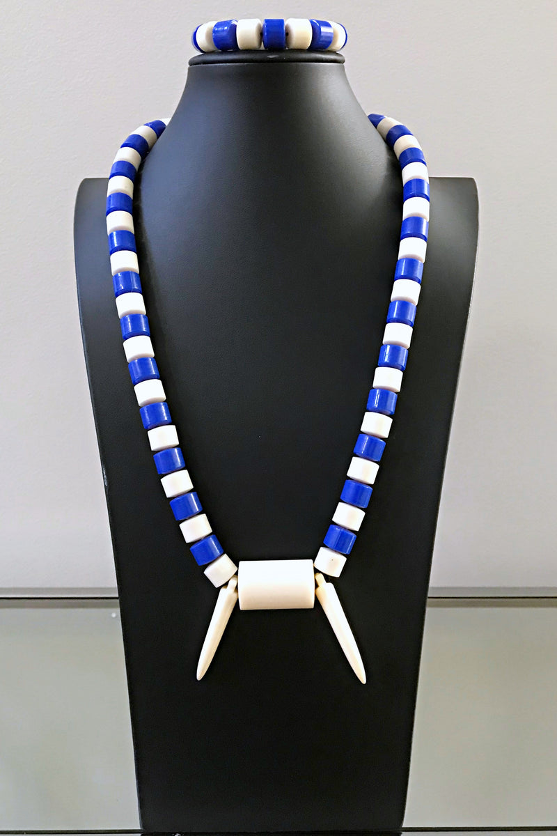 Blue & Off-white Nigerian Wedding beads necklace - Afrilege