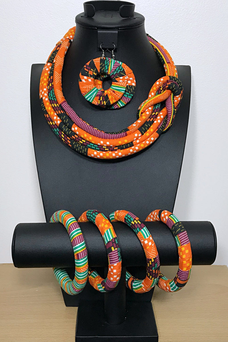 Abara Bamileke African Print Knot Jewelry Set ( Necklace - Bracelets - earrings) - Afrilege