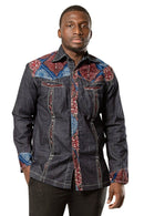 Adi African print light denim jeans men shirt - Dark grey, Red - Afrilege