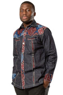 Adi African print light denim jeans men shirt - Dark grey, Red - Afrilege