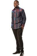 Adi African print light denim jeans men shirt - Dark grey, Red - Afrilege