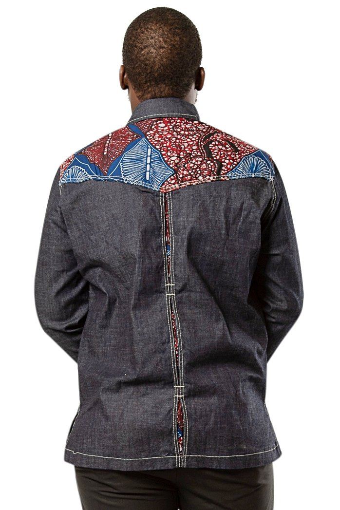 Adi African print light denim jeans men shirt - Dark grey, Red - Afrilege