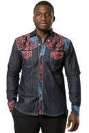Adi African print light denim jeans men shirt - Dark grey, Red - Afrilege