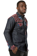 Adi African print light denim jeans men shirt - Dark grey, Red - Afrilege