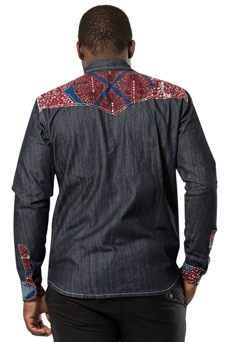 Adi African print light denim jeans men shirt - Dark grey, Red - Afrilege