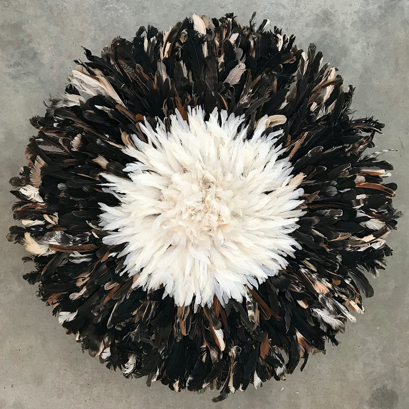 32" Dark natural feathers & white Authentic Bamileke Juju Hat - Afrilege