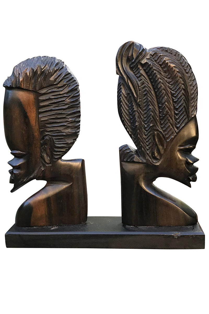 African Couple Head Ebony Wood Carved statue ( set of 2) - Afrilege