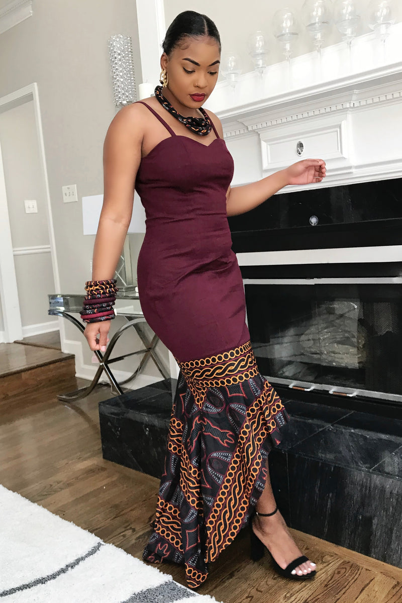 Burgundy Toghu African Print Dress, S | Afrilege Burgundy Toghu African Print Dress, S | Afrilege