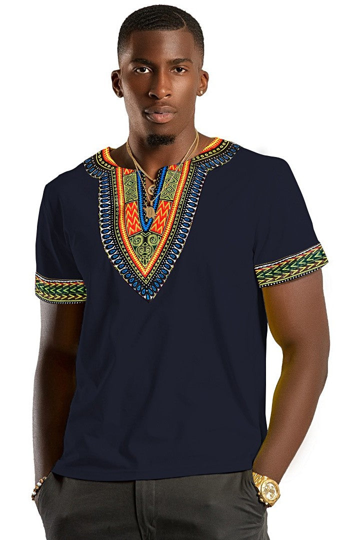 Navy Blue African Dashiki Men T-shirt | Afrilege