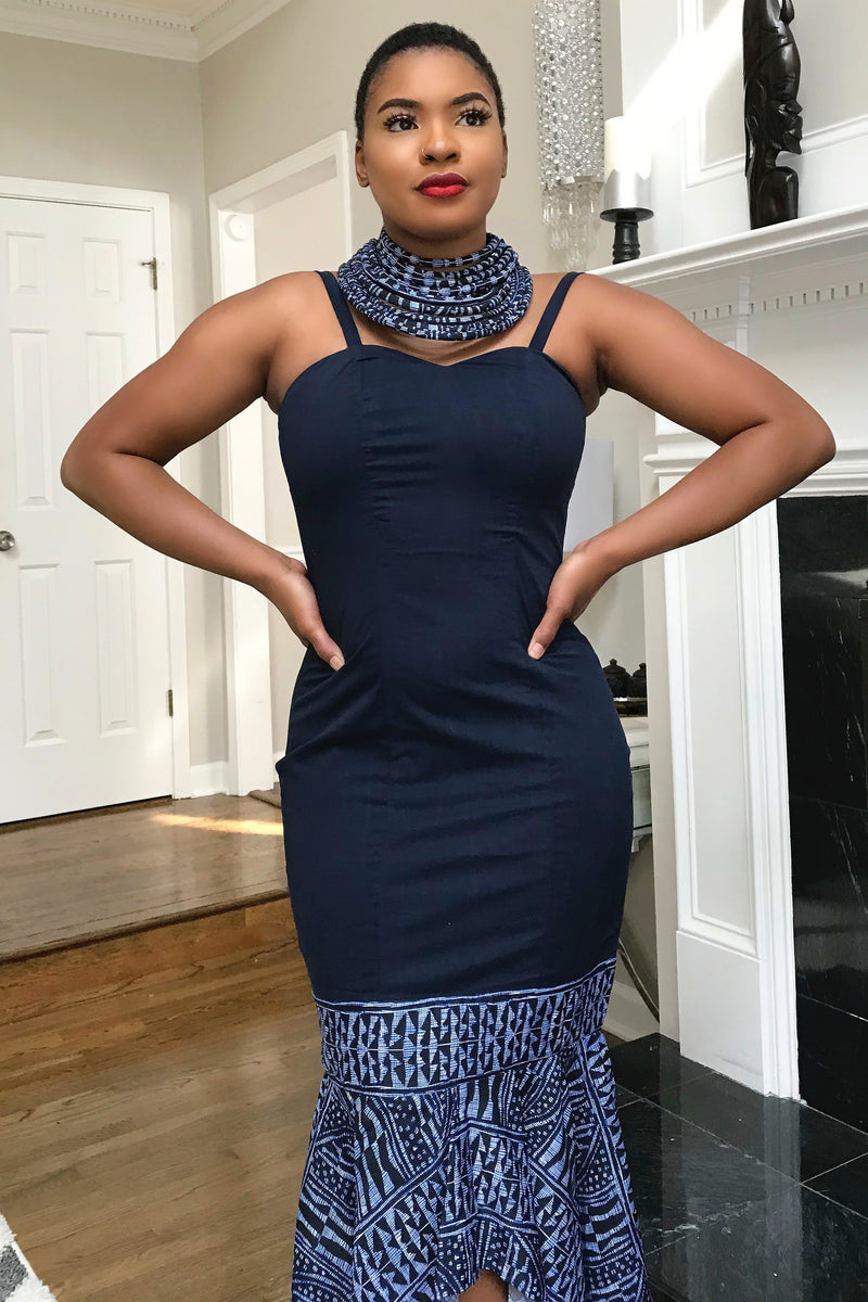 Navy Ndop Atoghu Hi Lo African Print Dress, S | Afrilege Navy Ndop Atoghu Hi Lo African Print Dress, S | Afrilege