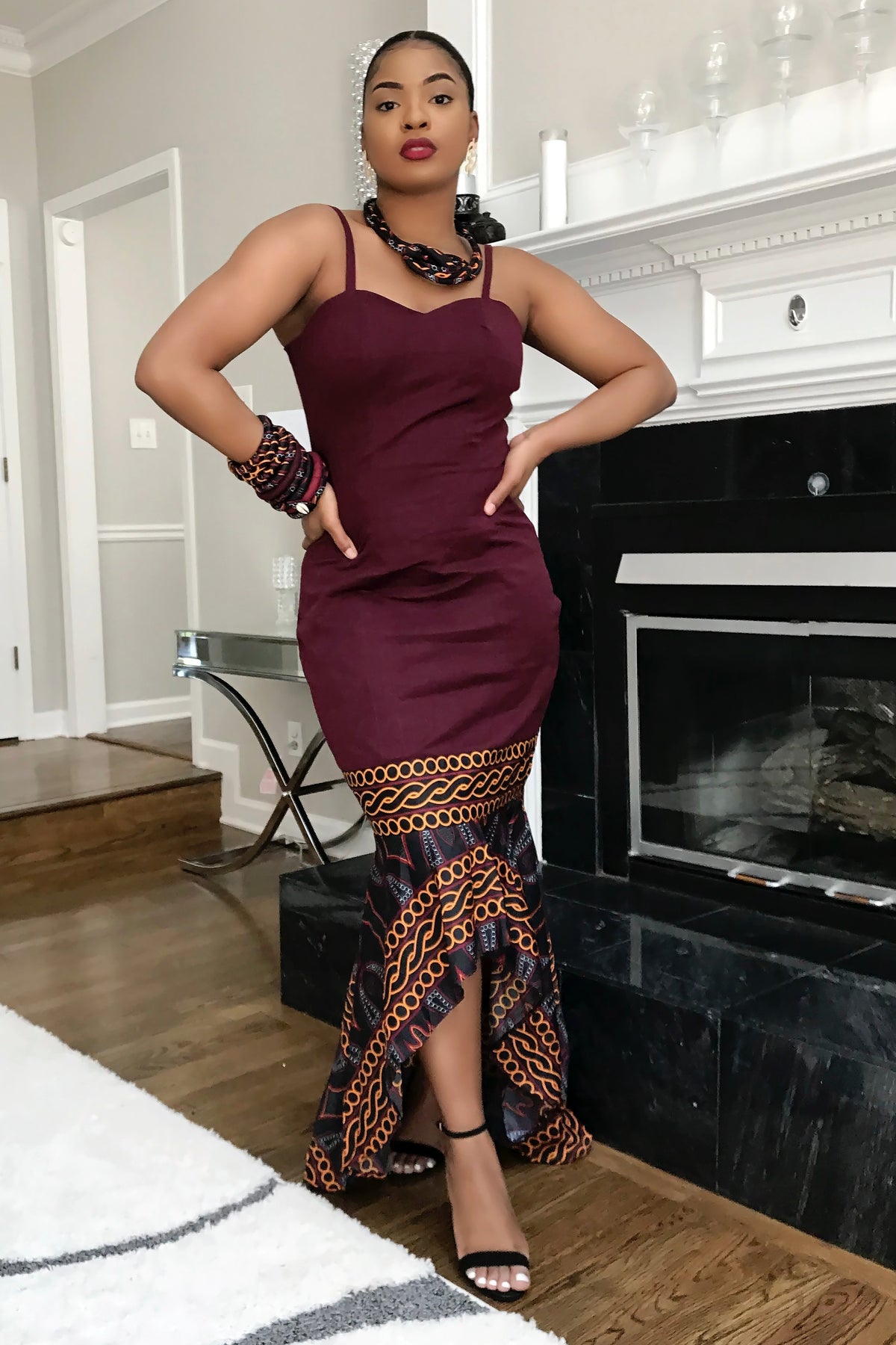 Burgundy Toghu African Print Dress, S