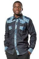 Akin African print light denim jeans men shirt - Dark grey, Blue - Afrilege