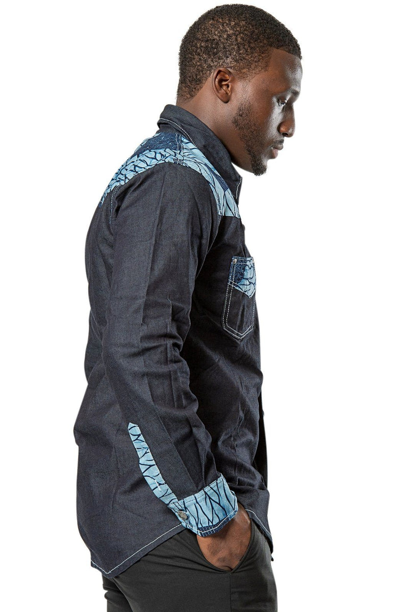 Akin African print light denim jeans men shirt - Dark grey, Blue - Afrilege