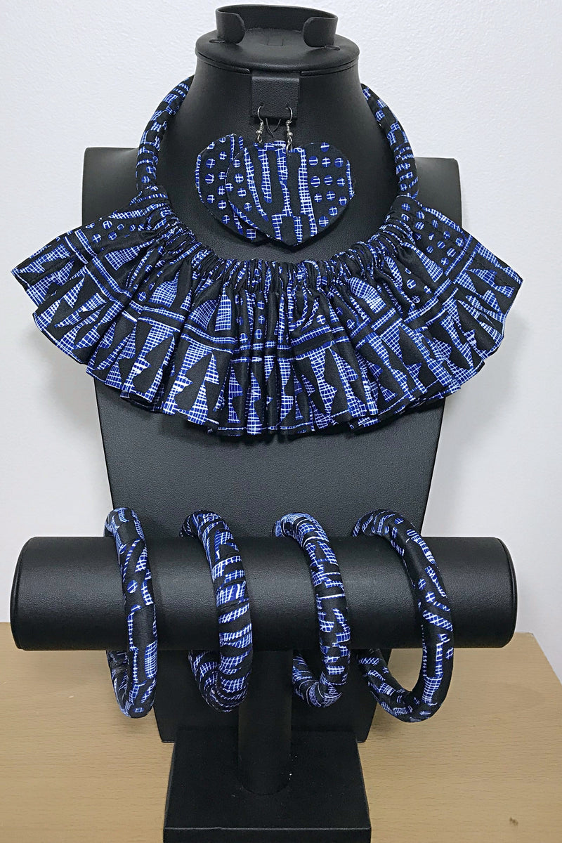 Ndop Navy Bamileke African Print Fabric Ankara Skirt Jewelry Set ( Necklace - Bracelets - earrings) - Afrilege