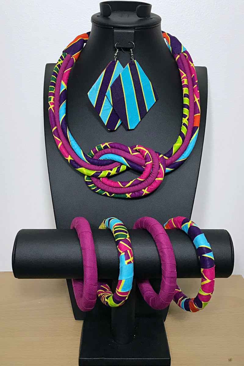 Carlita  Bamileke African Print Knot Jewelry Set ( Necklace - Bracelets - earrings) - Afrilege