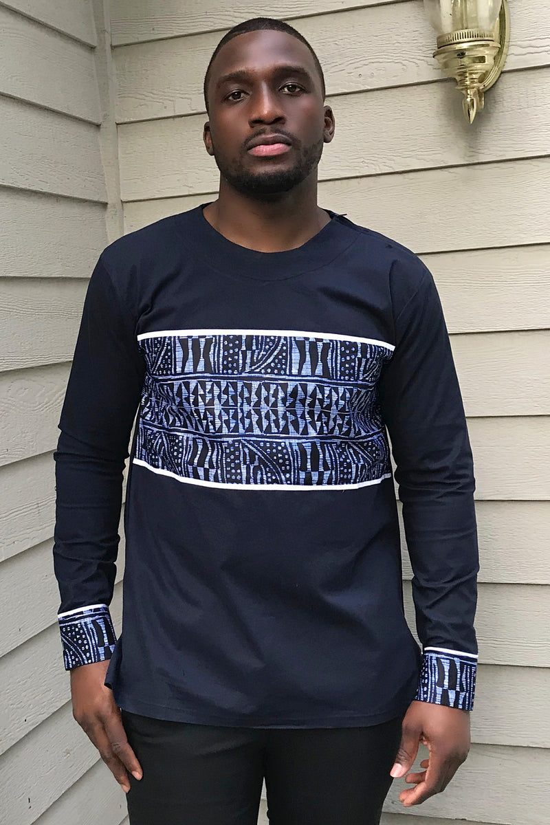 Navy Ndop Long Sleeves African Print Shirt for Men - Afrilege