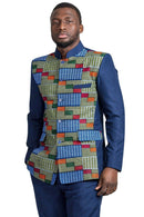 Vadik Navy Blue Men's African Print Kente Abacost Blazer ( Shirt + Pant) - Afrilege