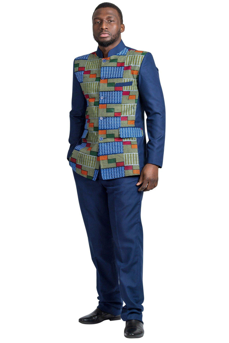 Vadik Navy Blue Men's African Print Kente Abacost Blazer ( Shirt + Pant) - Afrilege