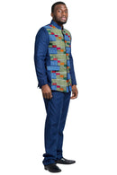 Vadik Navy Blue Men's African Print Kente Abacost Blazer ( Shirt + Pant) - Afrilege